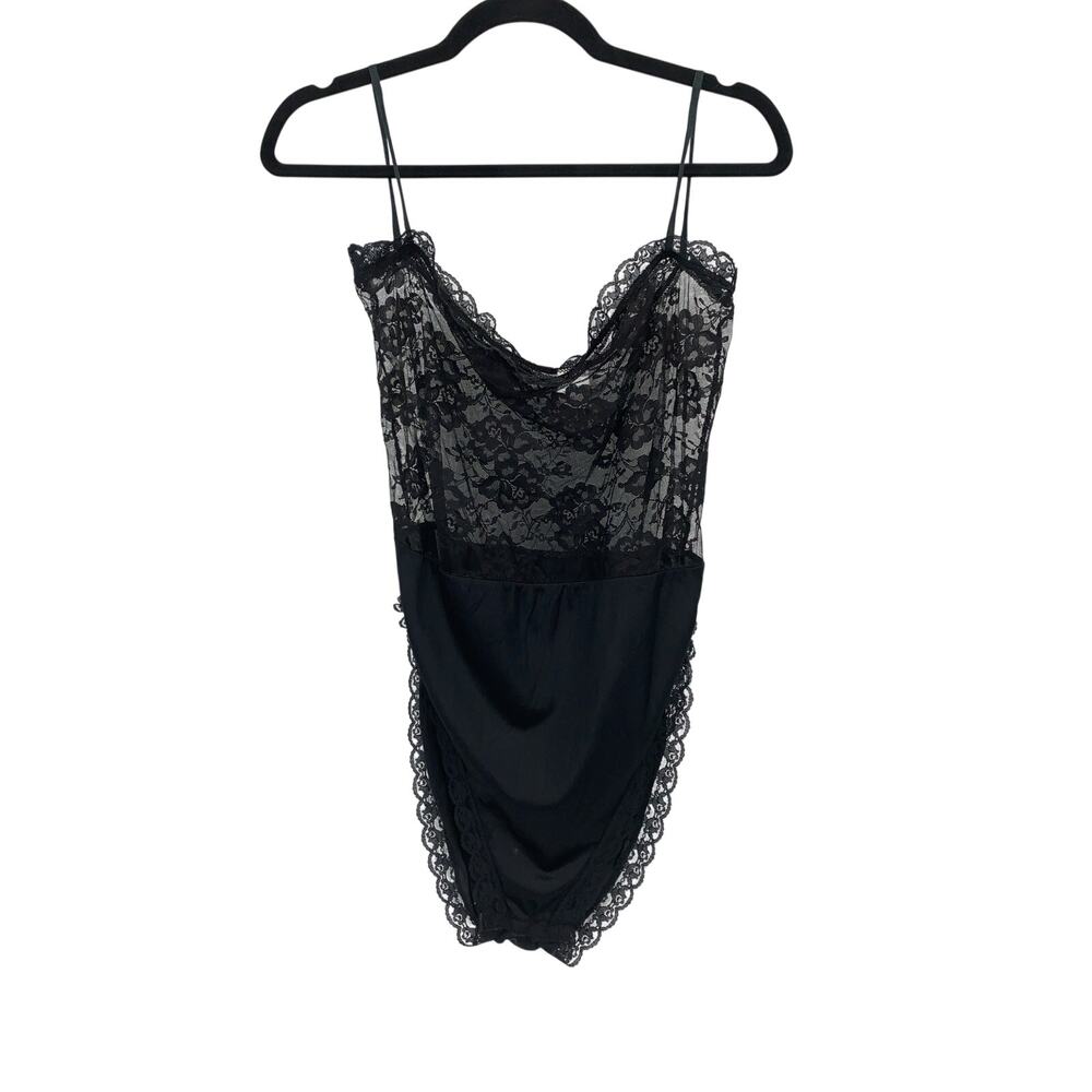 Shirley of Hollywood Bodysuit Womens Medium Black Sheer Floral Lace Deep V Neck
